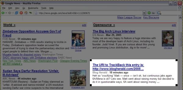 Google News links to track back entry
